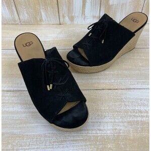 UGG Giorgia Black Suede Wedge Size 10 Espadrille Lace Up Detail